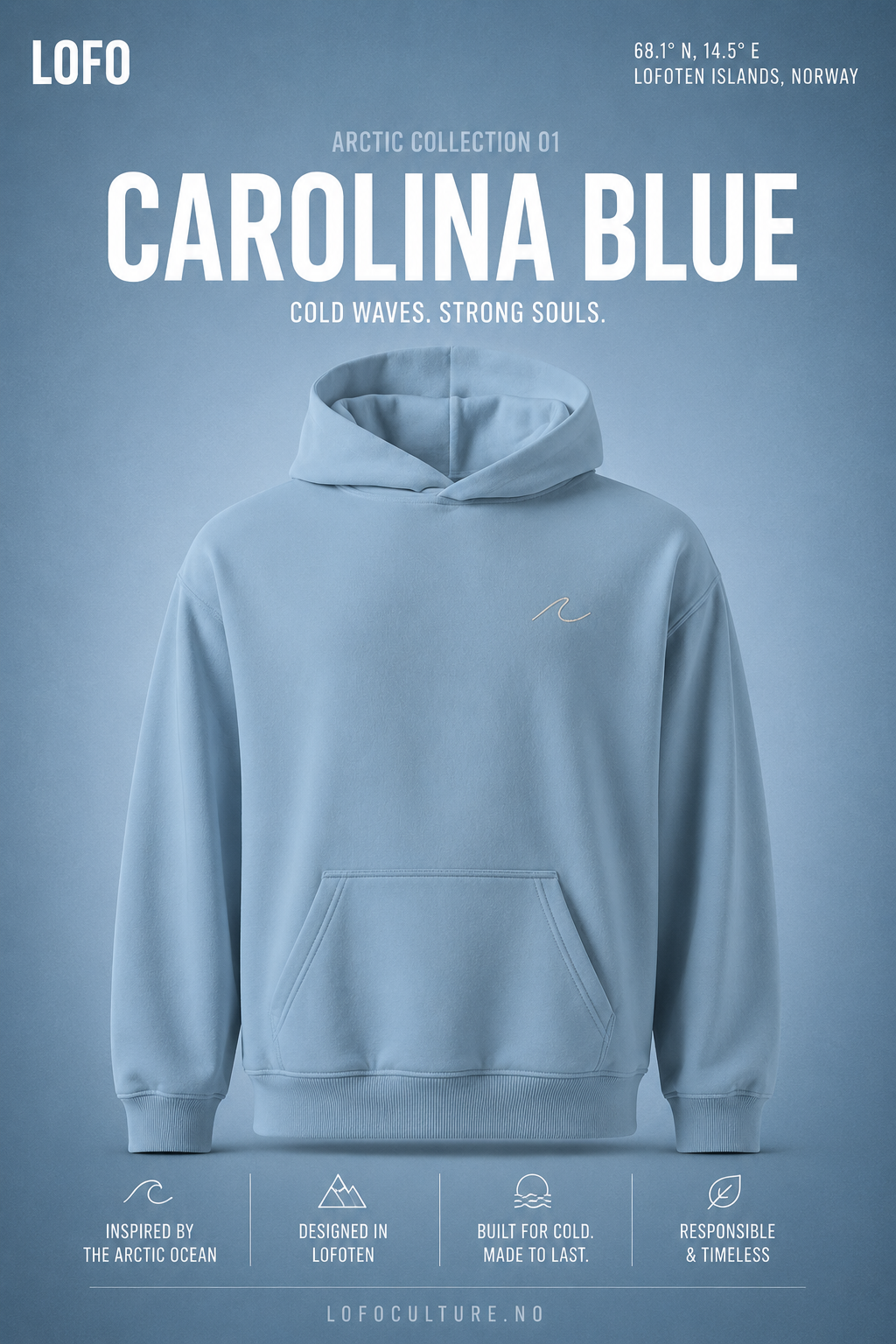 LOFO CAROLINA BLUE hoodie inspired by Arctic surf culture in Lofoten