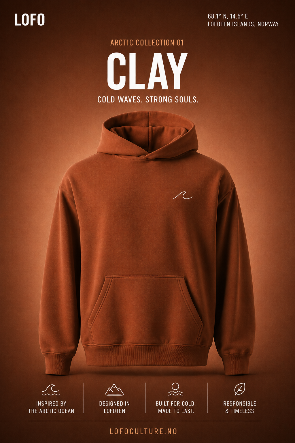 LOFO CLAY hoodie inspired by Arctic surf culture in Lofoten