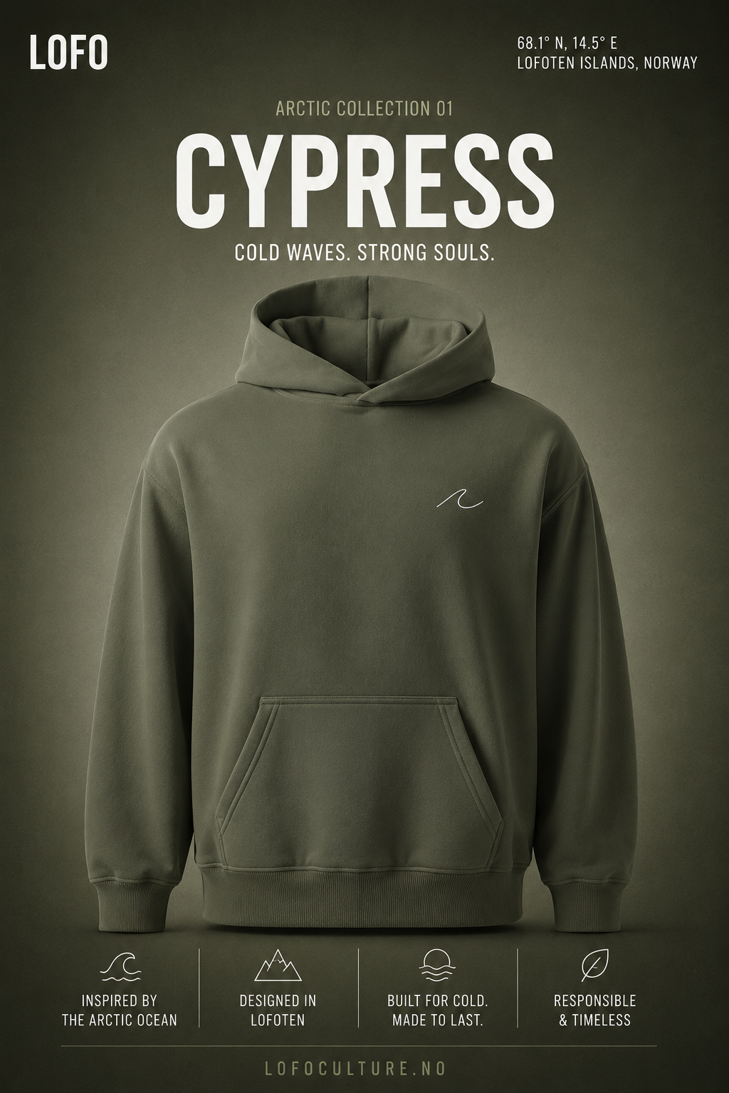 LOFO CYPRESS hoodie inspired by Arctic surf culture in Lofoten