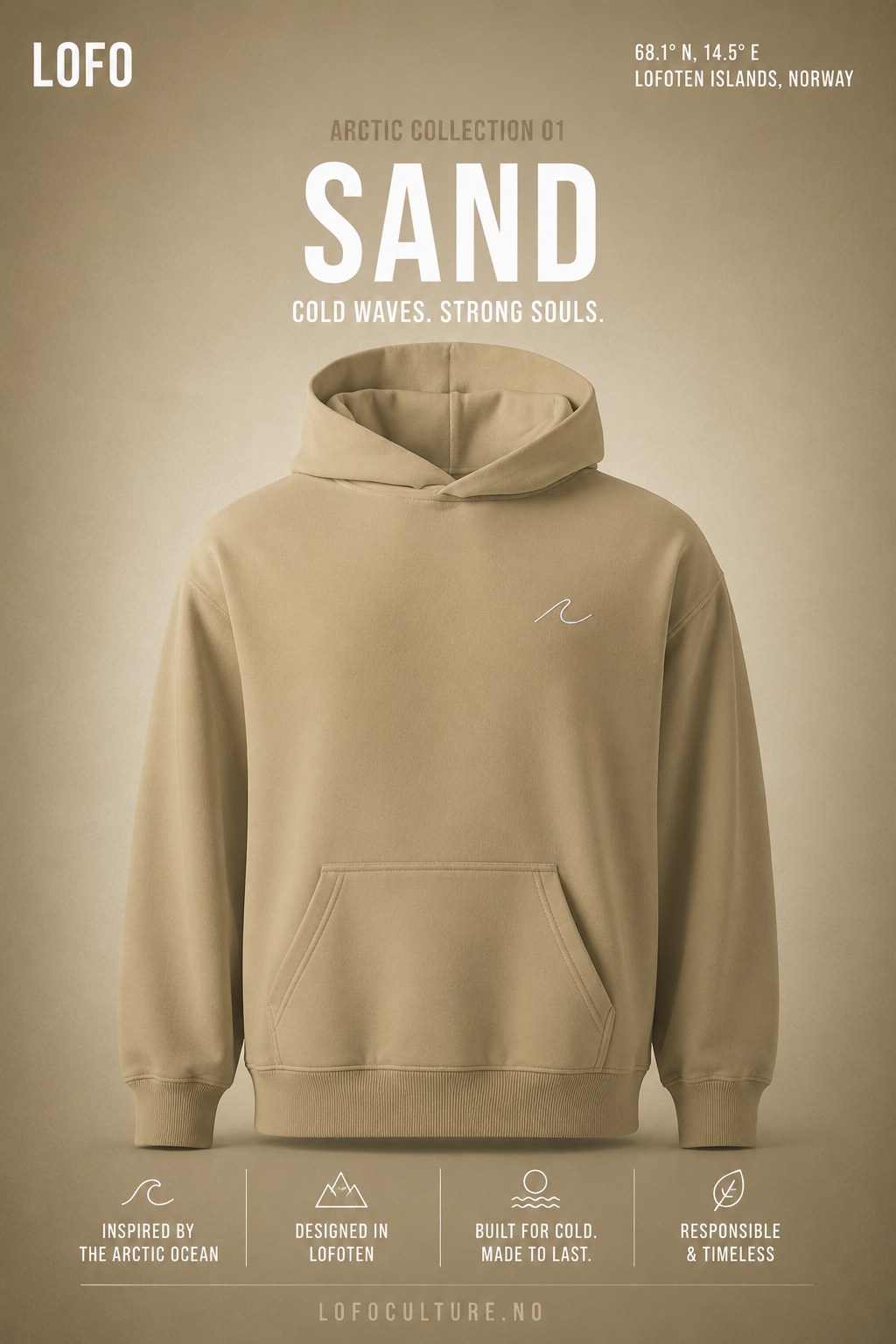LOFO SAND hoodie inspired by Arctic surf culture in Lofoten