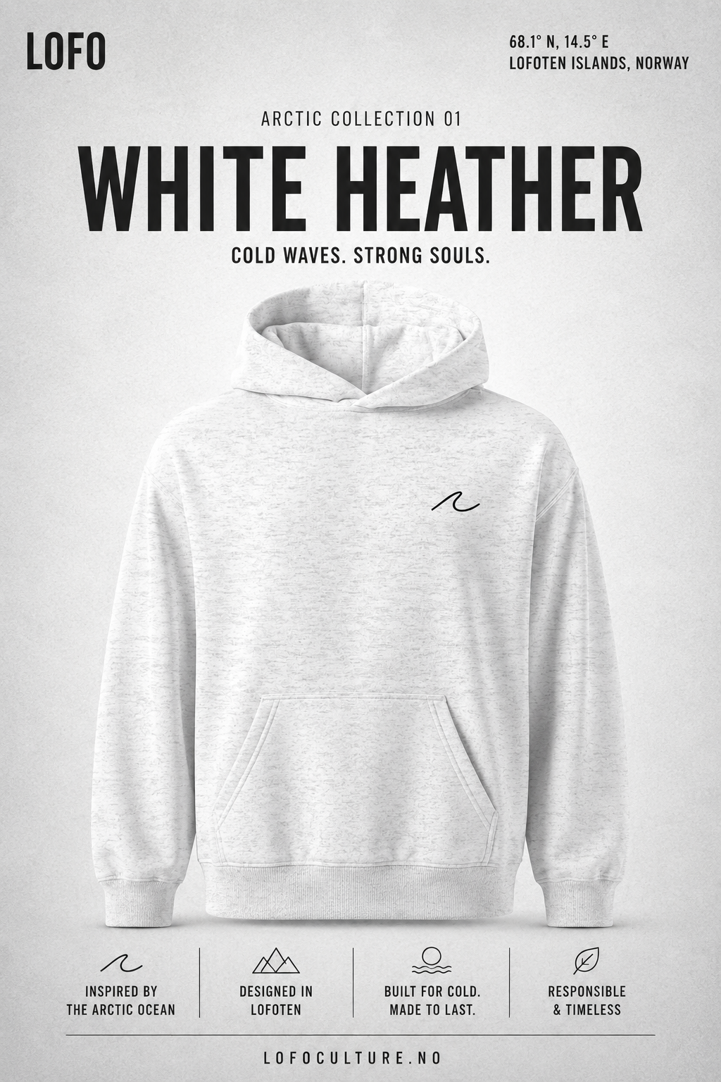 LOFO WHITE HEATHER hoodie inspired by Arctic surf culture in Lofoten